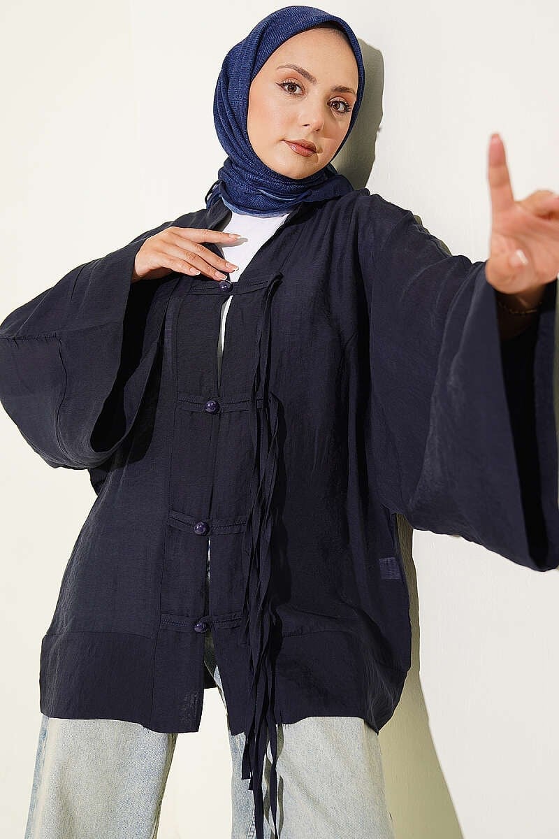 Brit Düğmeli Oversize Kimono Lacivert