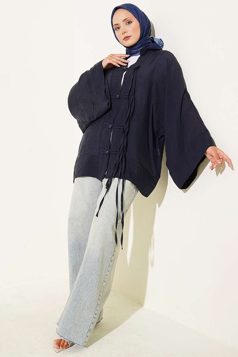 Brit Düğmeli Oversize Kimono Lacivert