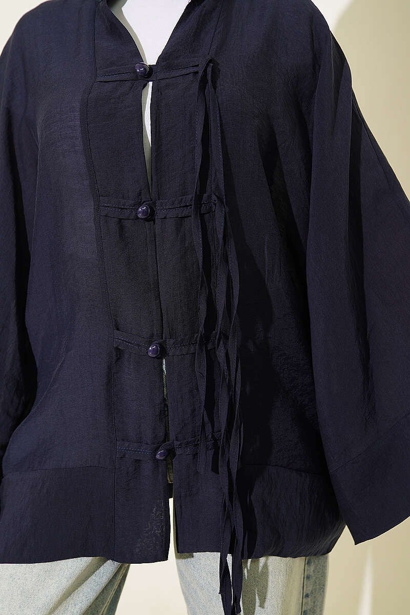 Brit Düğmeli Oversize Kimono Lacivert