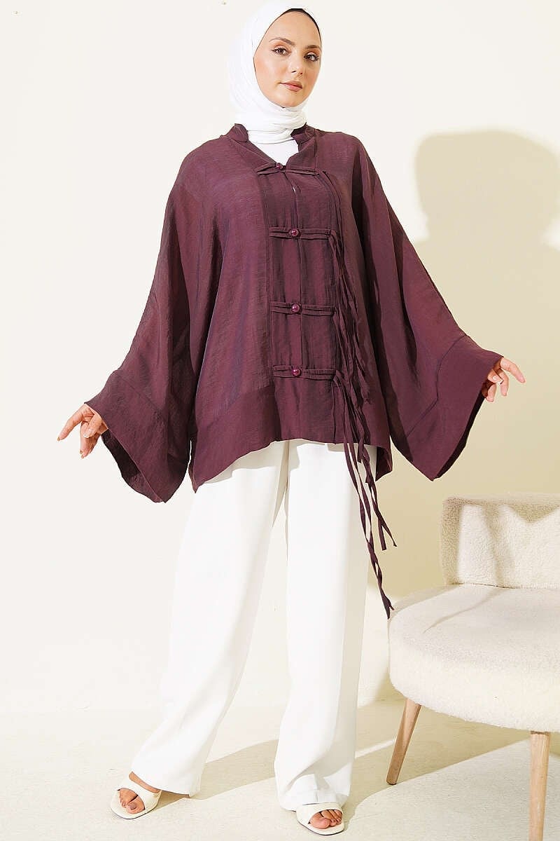Brit Düğmeli Oversize Kimono Mürdüm