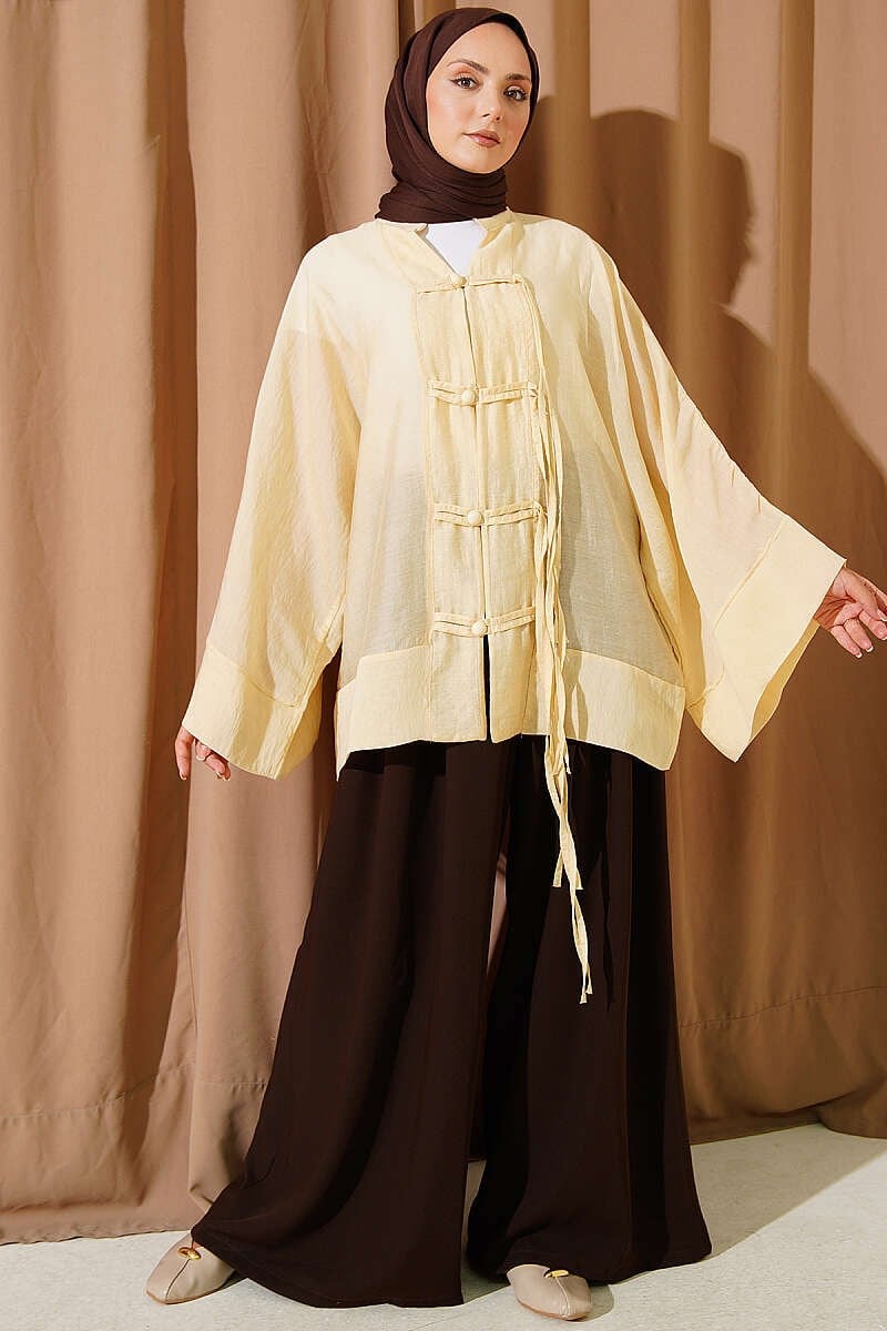 Brit Düğmeli Oversize Kimono Sarı