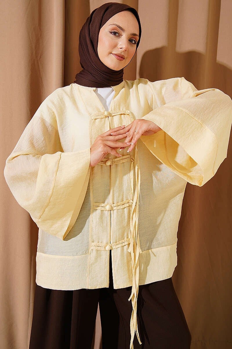 Brit Düğmeli Oversize Kimono Sarı