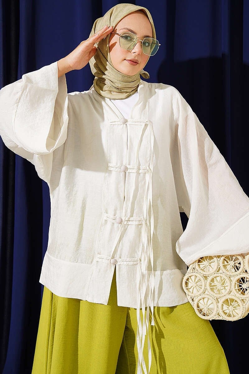 Brit Düğmeli Oversize Kimono Taş