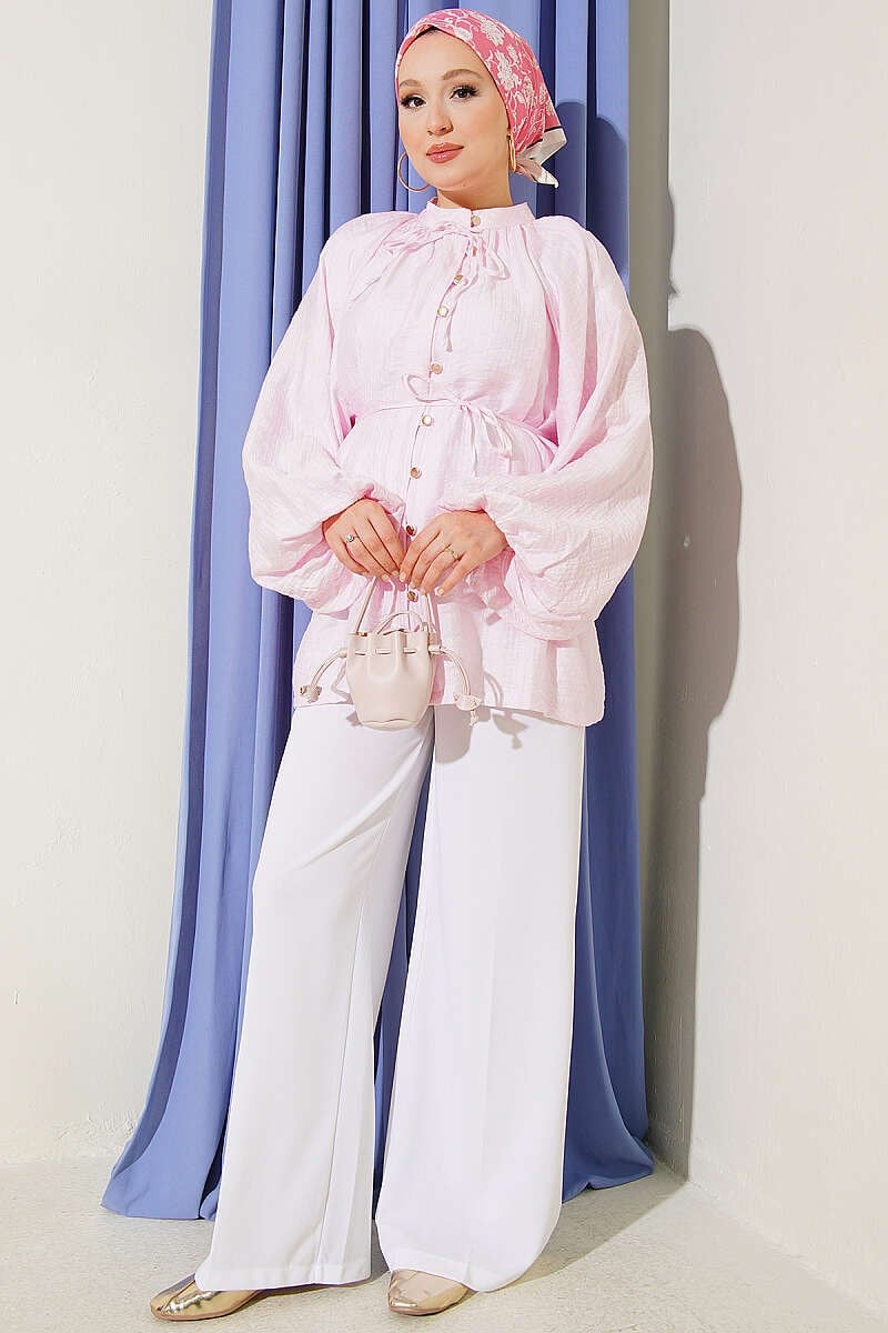 Brit Düğmeli Oversize Müslin Gömlek Pembe