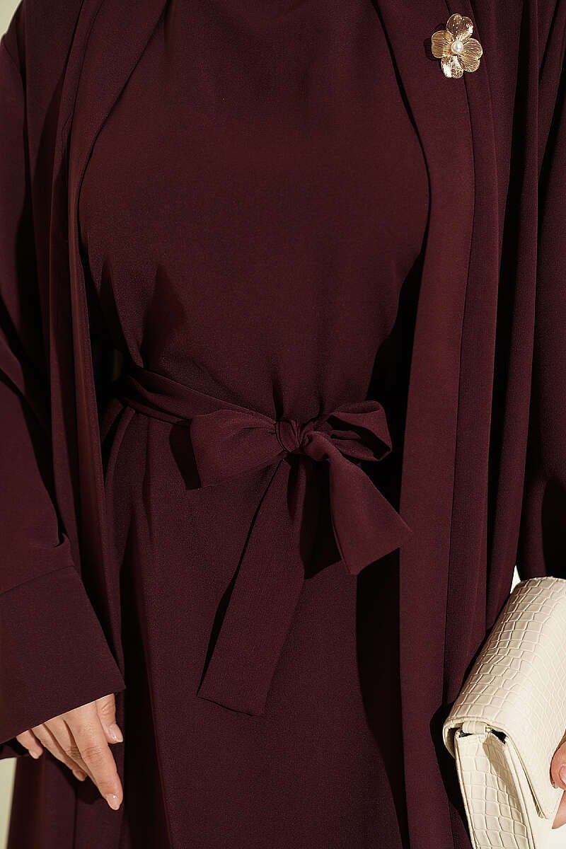 Broş Aksesuarlı Abaya Takım Mürdüm