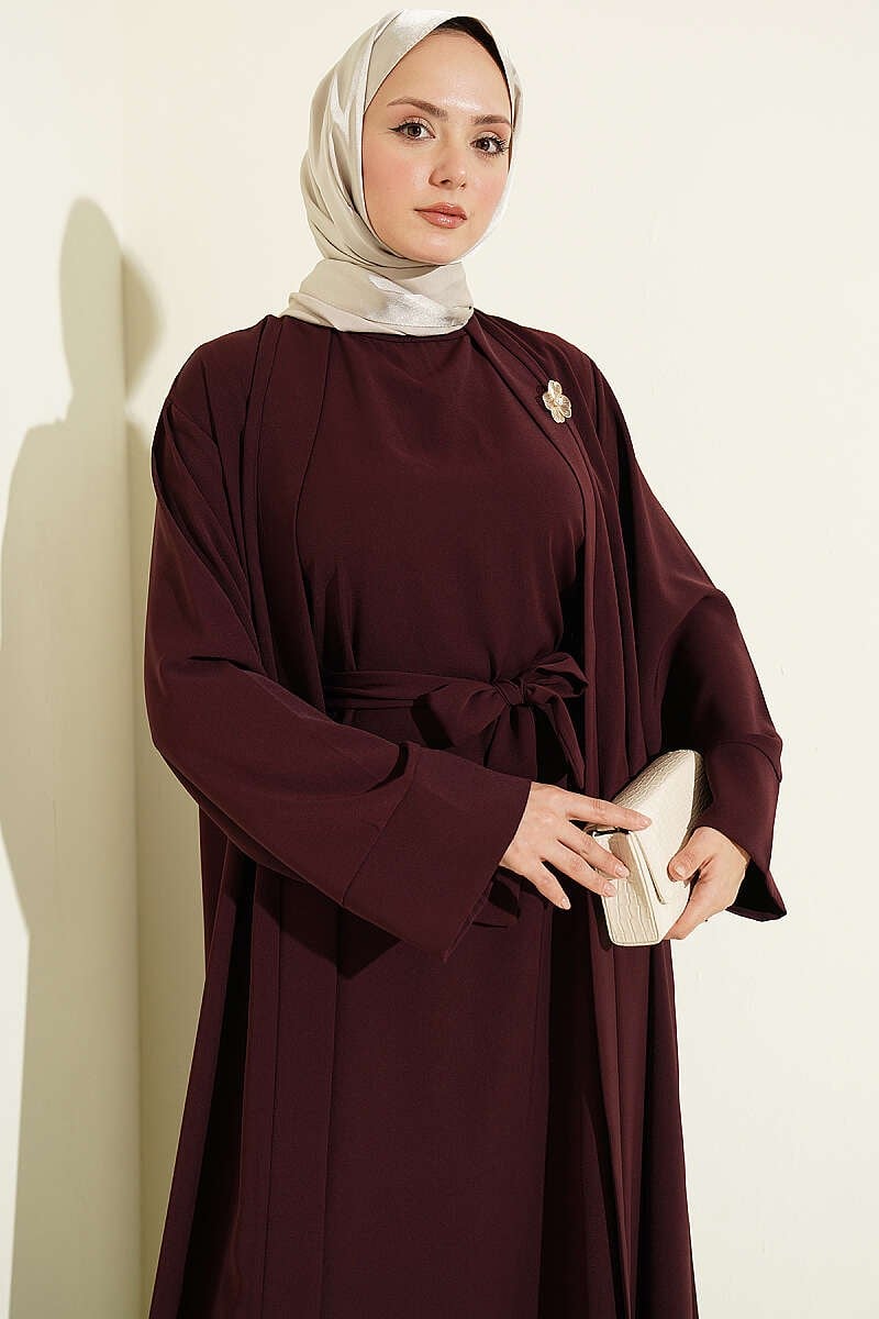 Broş Aksesuarlı Abaya Takım Mürdüm