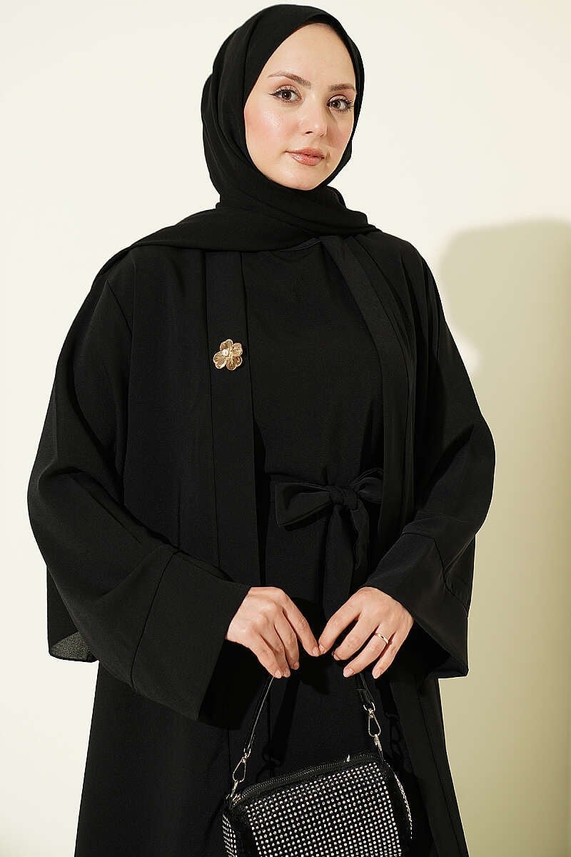 Broş Aksesuarlı Abaya Takım Siyah