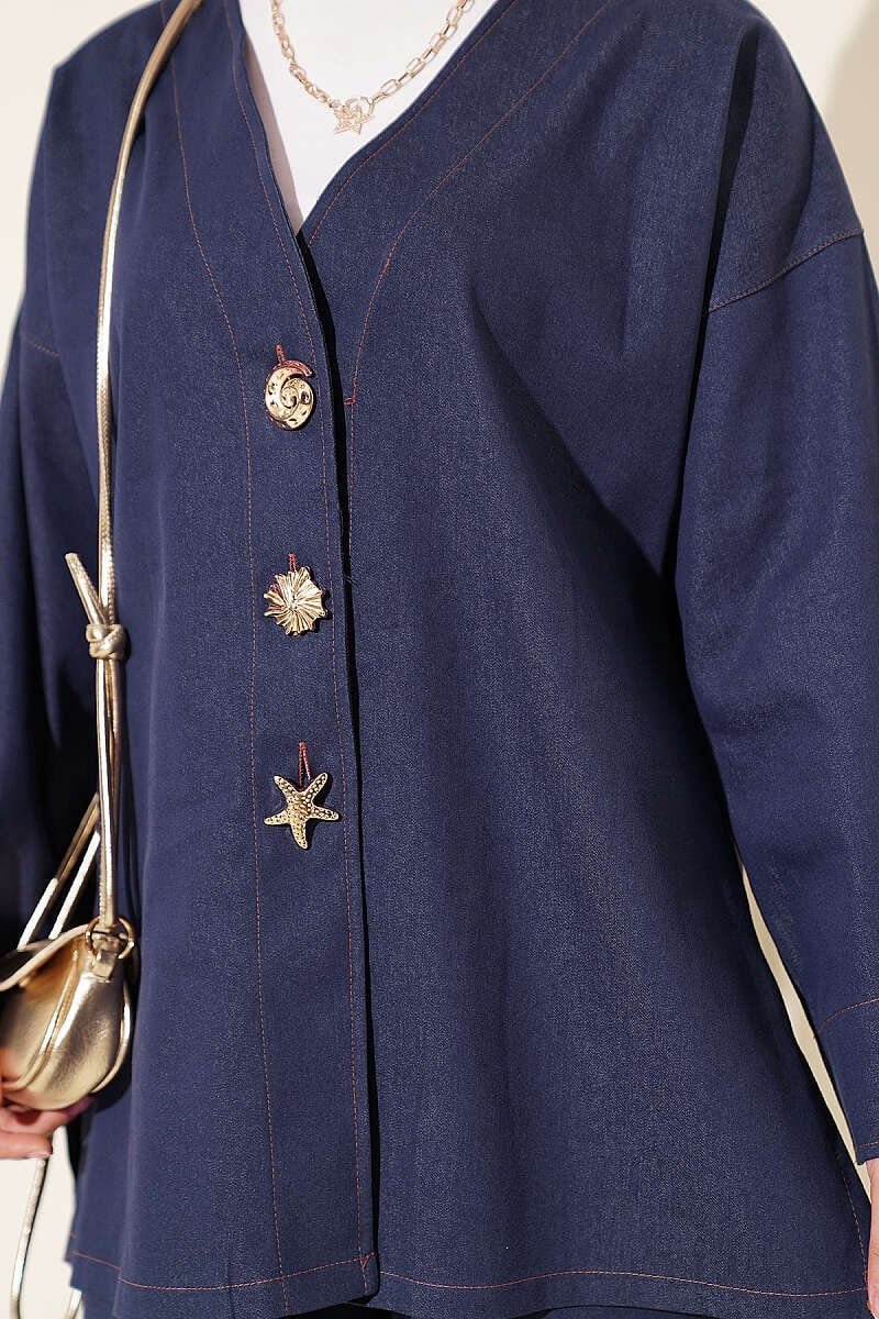 Broş Aksesuarlı Ceketli İkili Takım Mavi