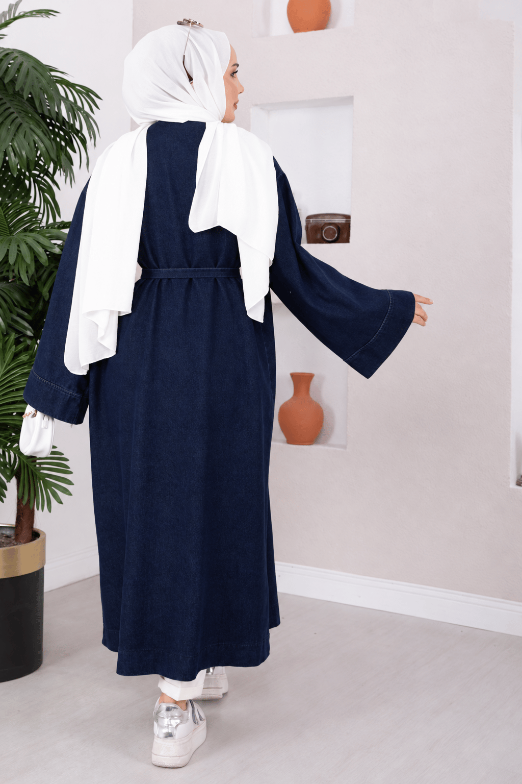 Broş Düğme Detaylı Kot Kimono Lacivert