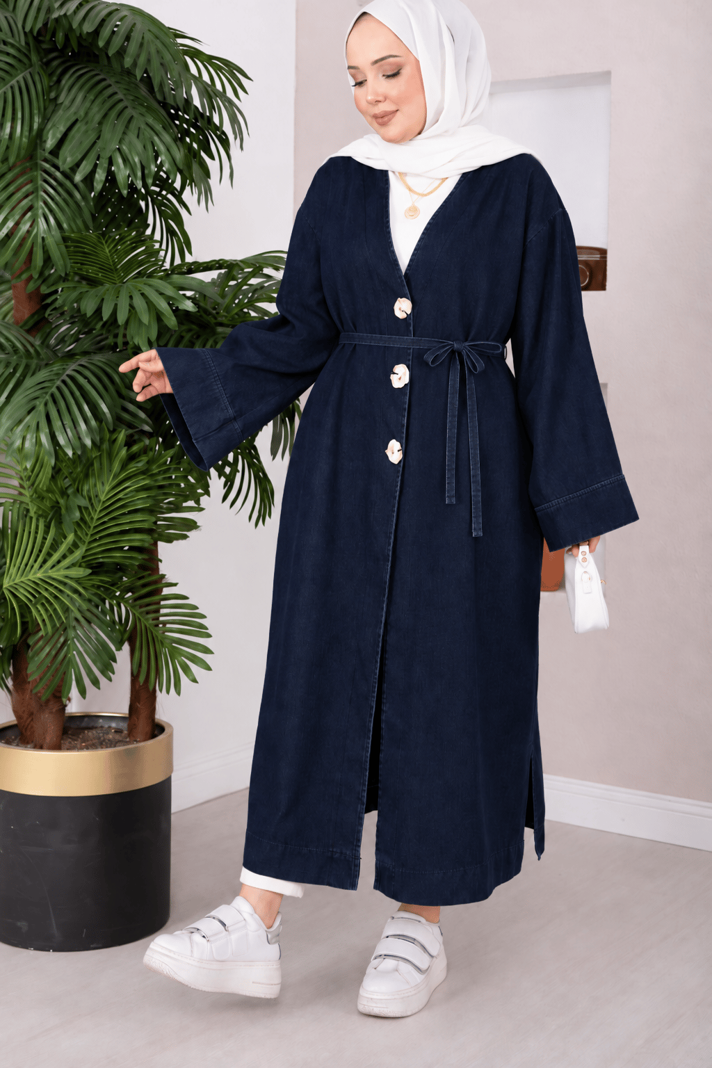 Broş Düğme Detaylı Kot Kimono Lacivert