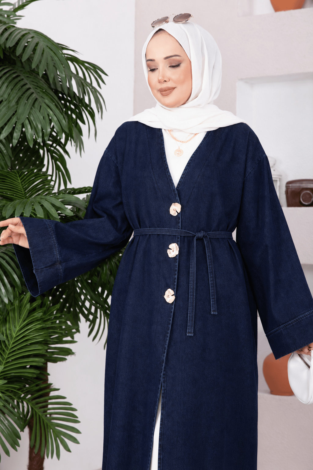 Broş Düğme Detaylı Kot Kimono Lacivert