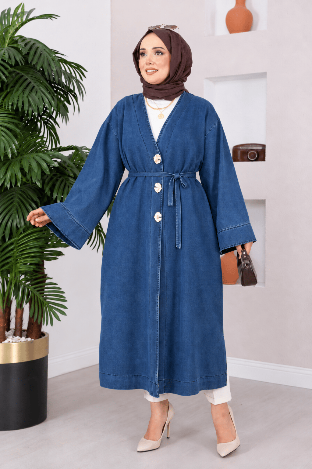 Broş Düğme Detaylı Kot Kimono Mavi