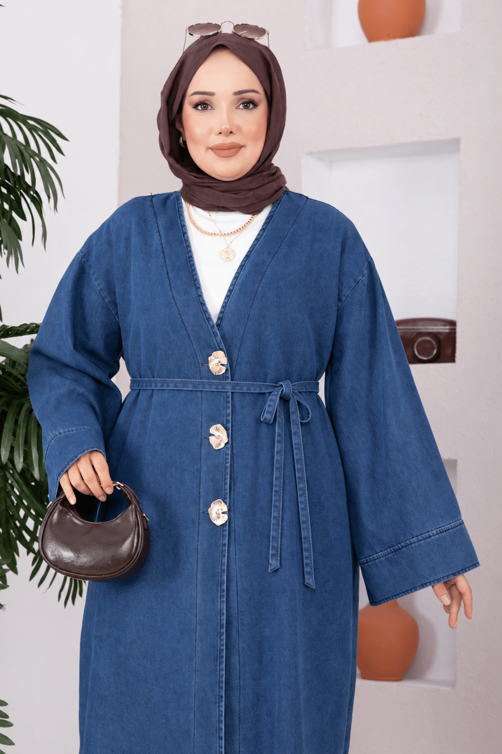 Broş Düğme Detaylı Kot Kimono Mavi