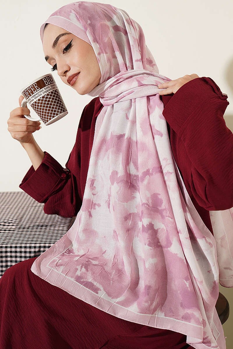 Bulut Desenli Bambu Kraş Şal Pembe