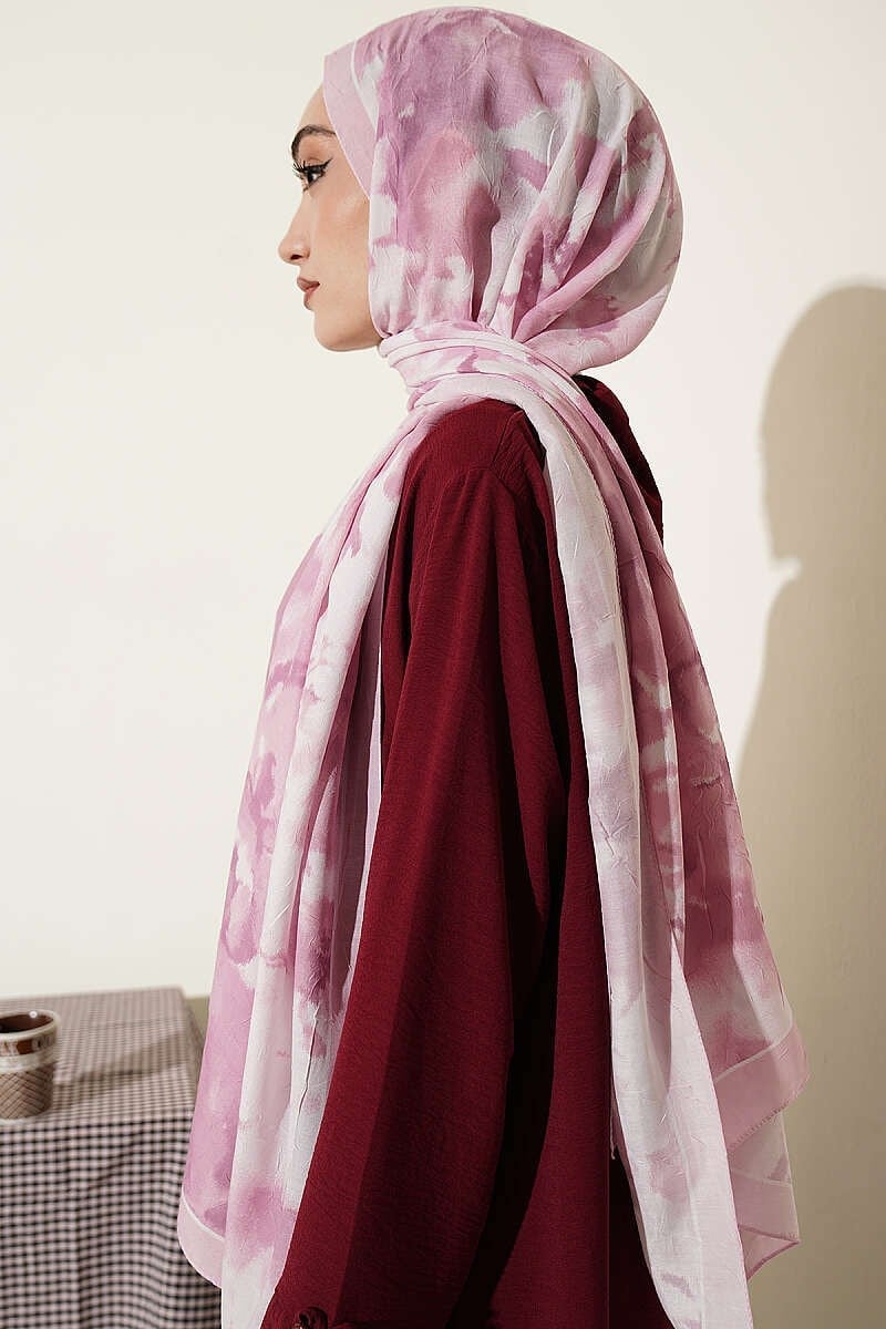Bulut Desenli Bambu Kraş Şal Pembe