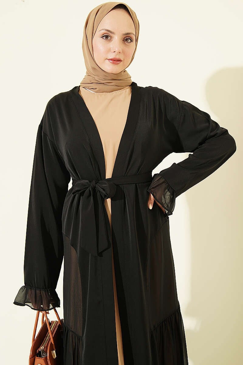 Büzgü Detaylı Katlı Abaya Takım Bej