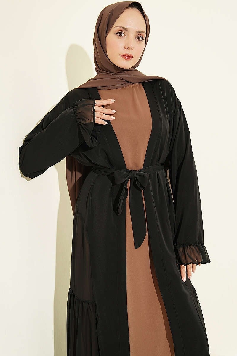 Büzgü Detaylı Katlı Abaya Takım Latte