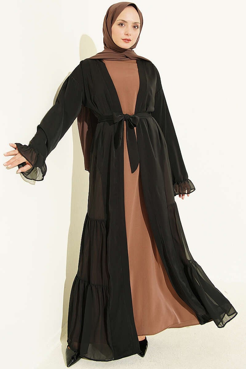 Büzgü Detaylı Katlı Abaya Takım Latte