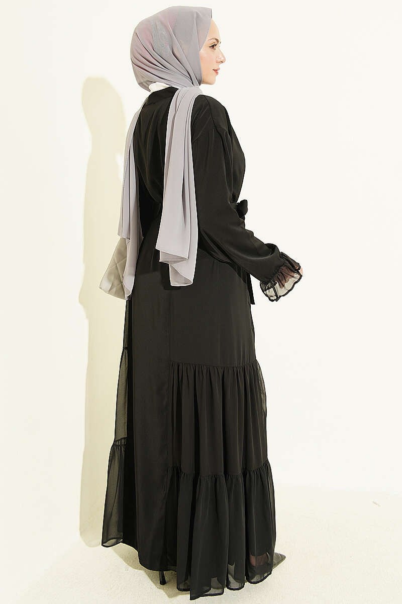 Büzgü Detaylı Katlı Abaya Takım Siyah