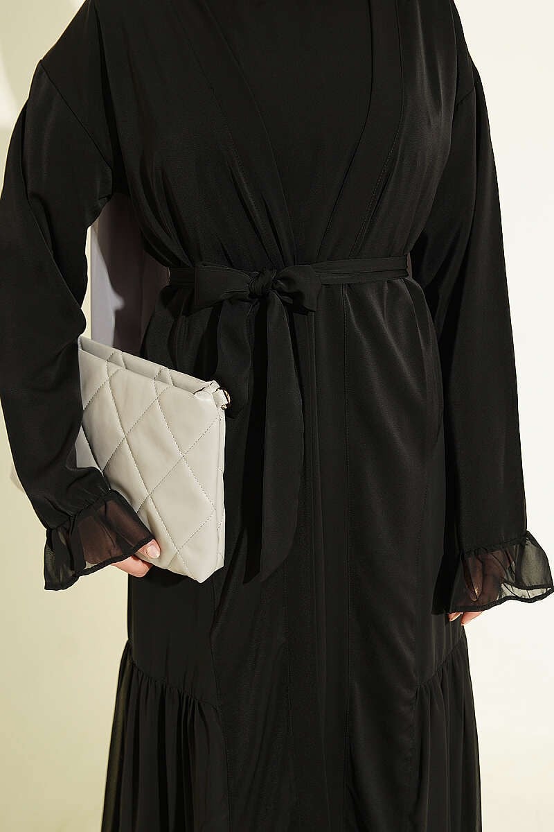 Büzgü Detaylı Katlı Abaya Takım Siyah