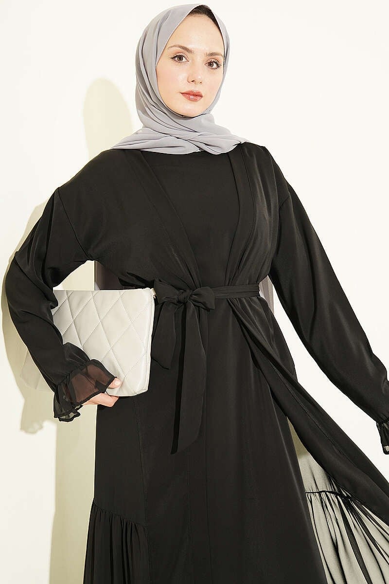 Büzgü Detaylı Katlı Abaya Takım Siyah