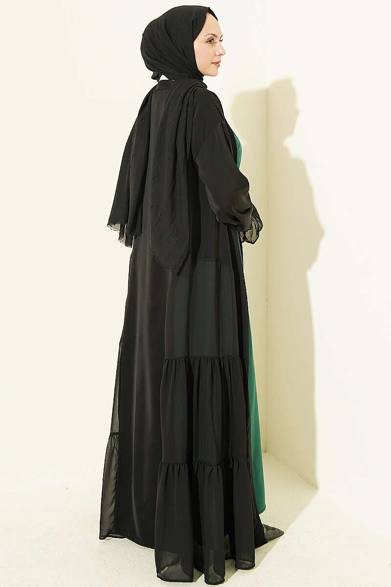 Büzgü Detaylı Katlı Abaya Takım Zümrüt