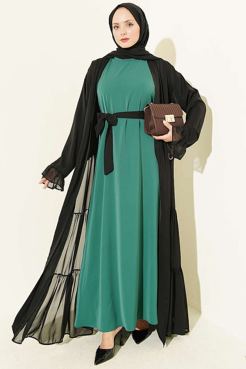 Büzgü Detaylı Katlı Abaya Takım Zümrüt