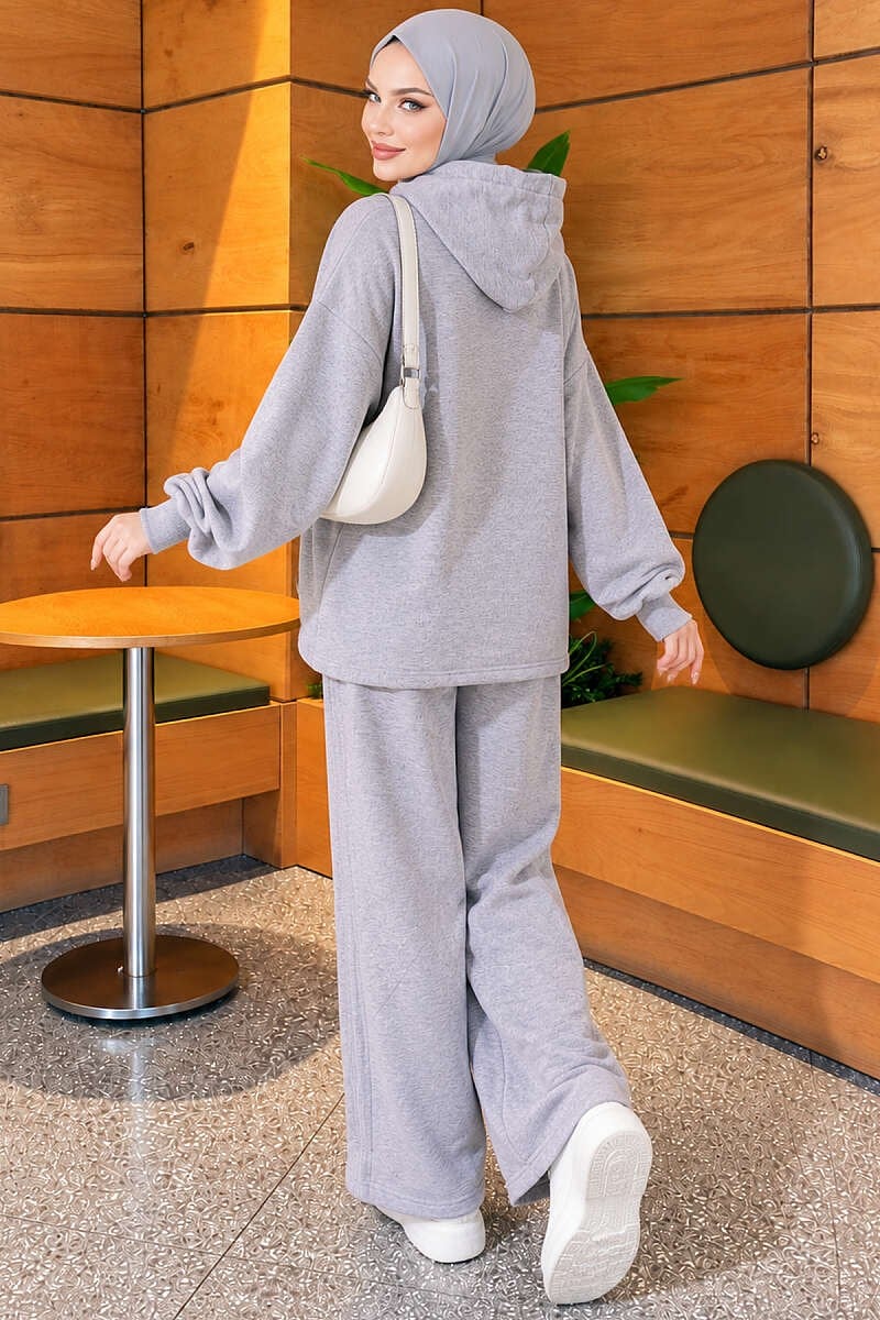Büzgü Detaylı Oversize İkili Takım Gri