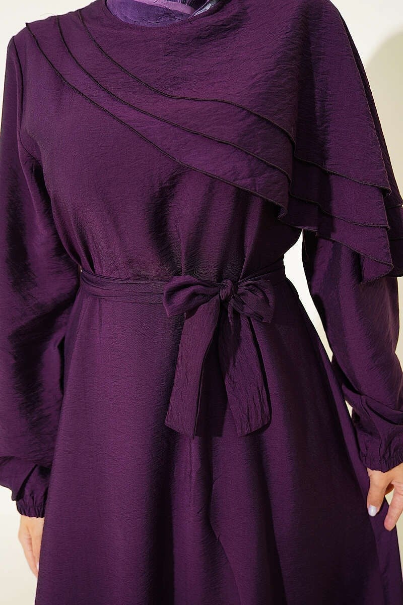 Çapraz Fırfır Detaylı Elbise Mor