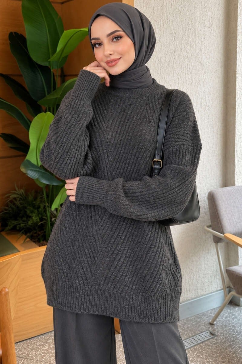 Çapraz Fitilli Uzun Triko Tunik Füme