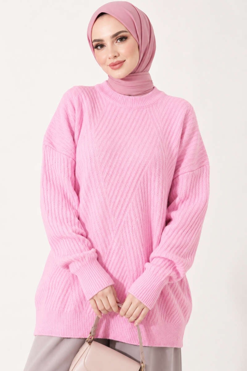Çapraz Fitilli Uzun Triko Tunik Pembe