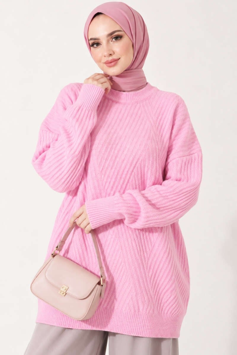 Çapraz Fitilli Uzun Triko Tunik Pembe