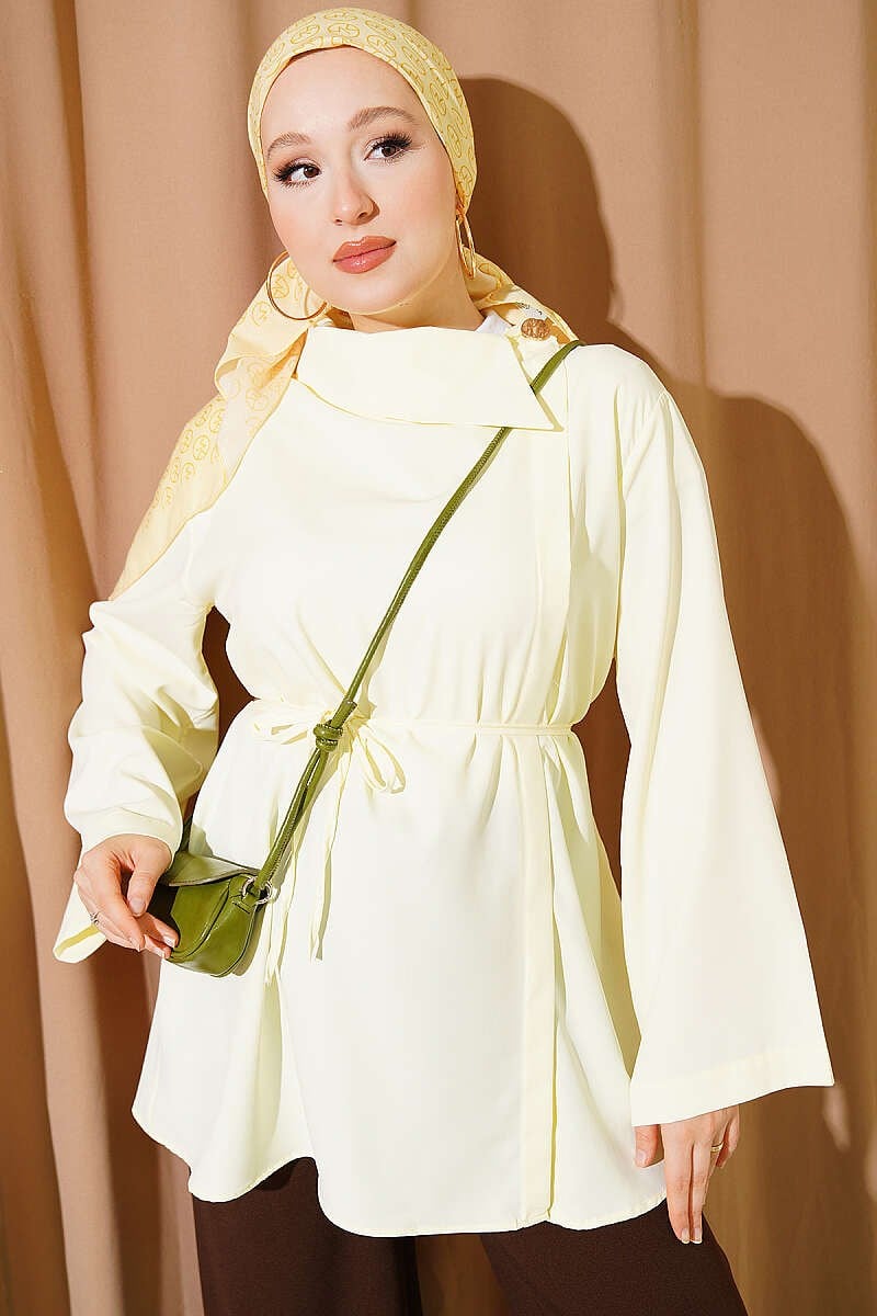 Çapraz Yaka Gizli Düğmeli Gömlek Sarı