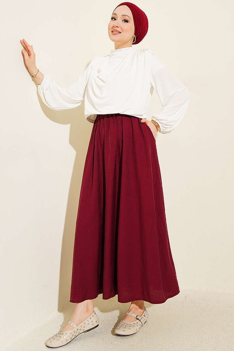 Cepli Beli Lastikli Basic Etek Bordo