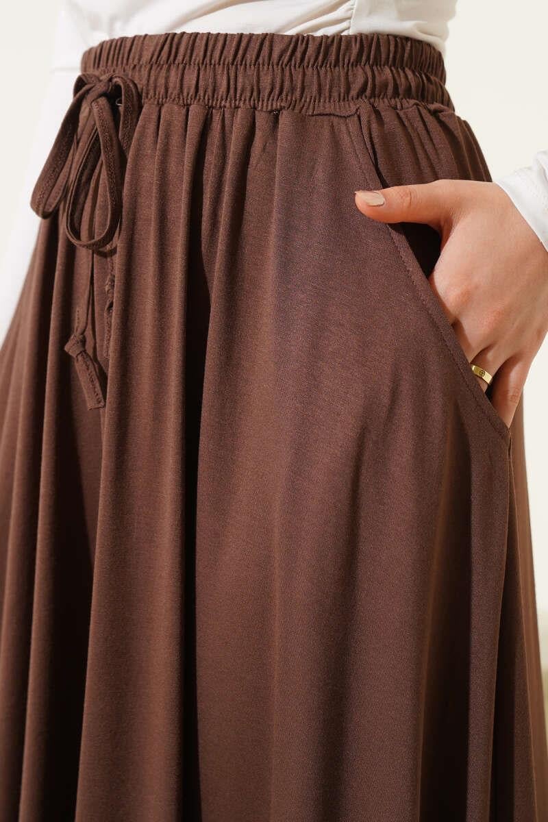Cepli Kloş Beli Lastikli Etek Kahve