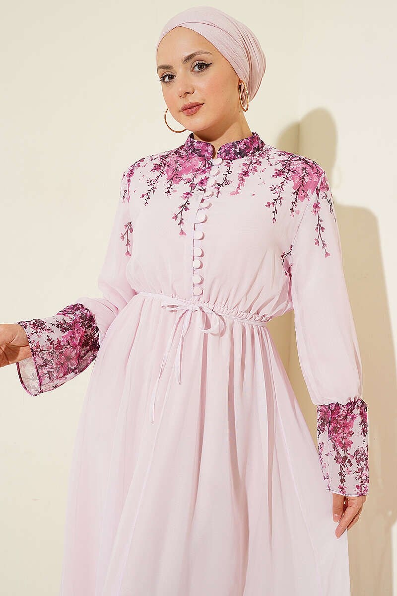 Çiçek Baskılı Brit Düğmeli Şifon Elbise Pembe