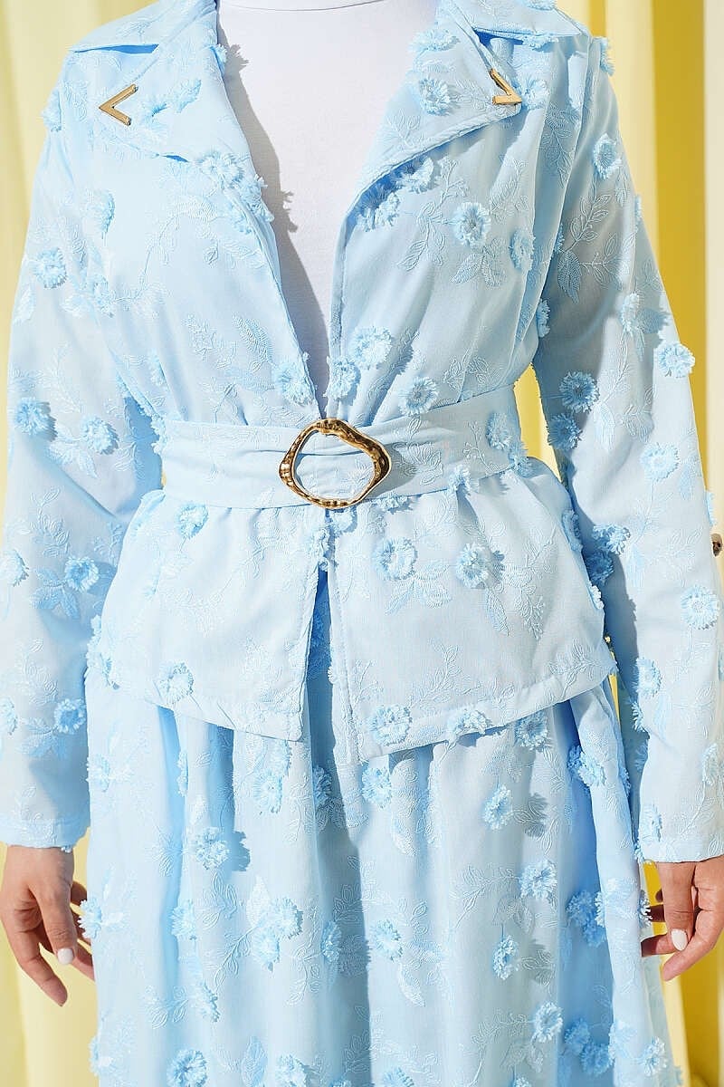 Çiçek Brodeli Kuşaklı Etekli İkili Takım Bebe Mavi