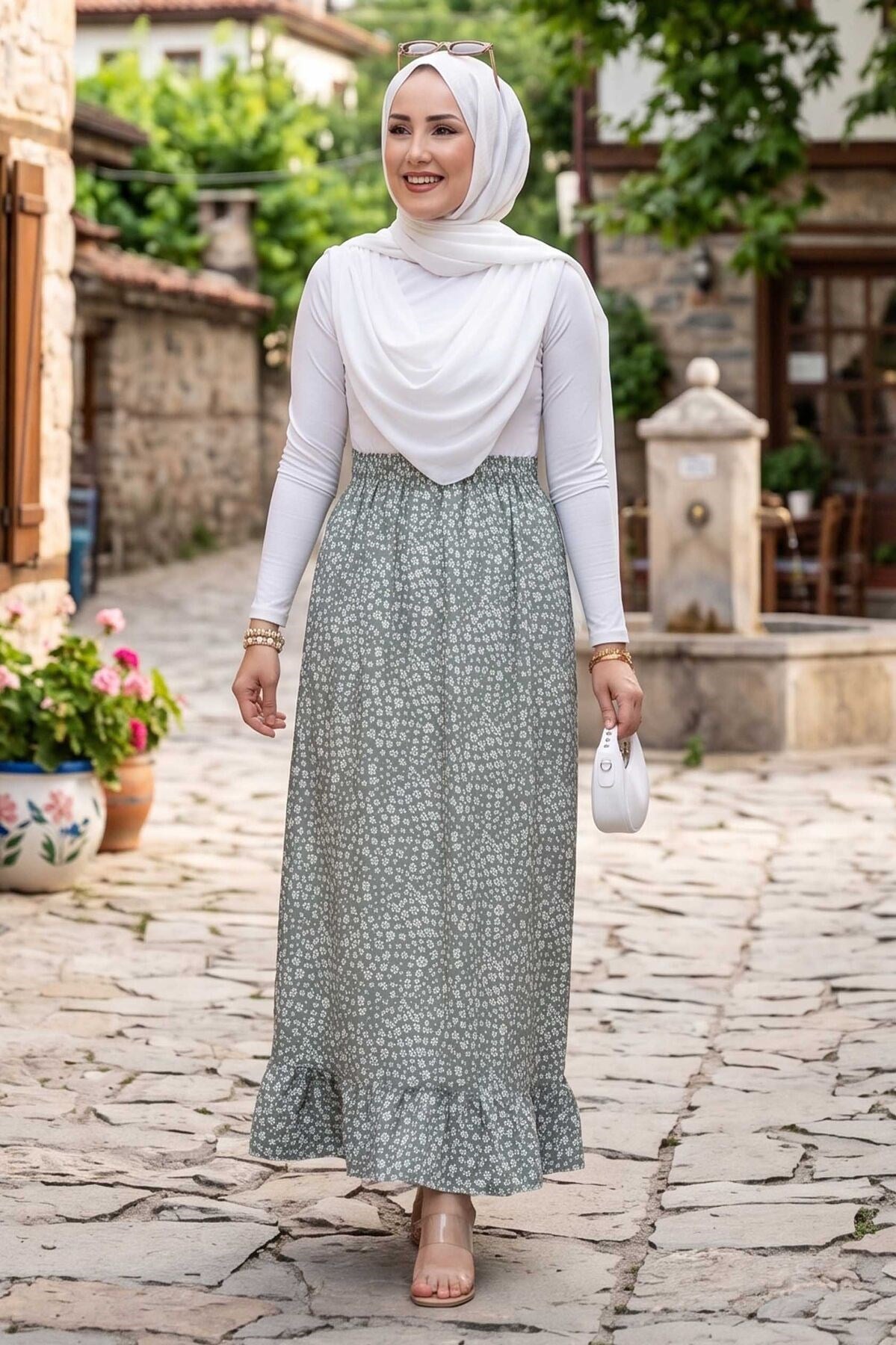 Çiçek Desen Beli Lastikli Etek Mint