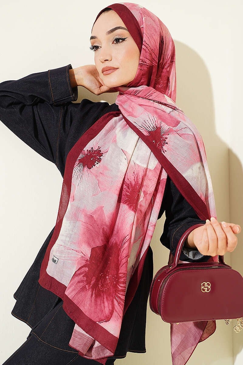 Çiçek Desen Detaylı Bambu Kraş Şal Bordo