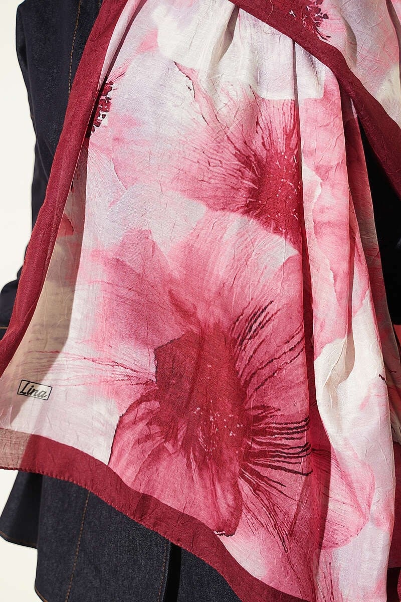 Çiçek Desen Detaylı Bambu Kraş Şal Bordo