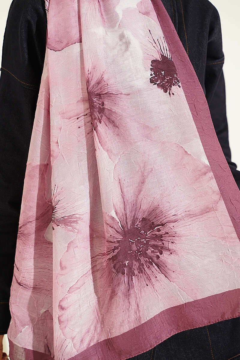 Çiçek Desen Detaylı Bambu Kraş Şal Magenta