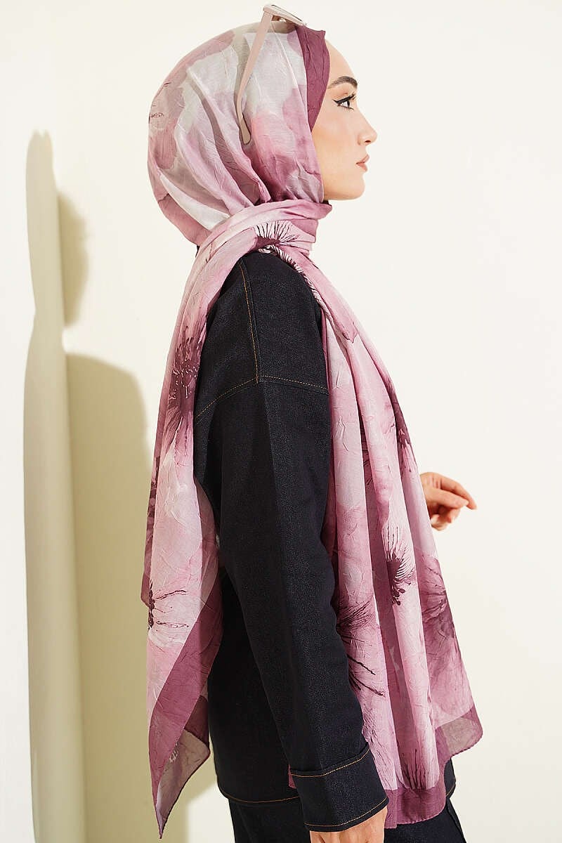Çiçek Desen Detaylı Bambu Kraş Şal Magenta