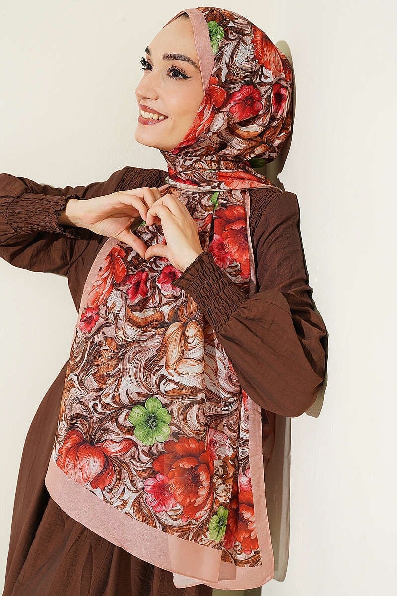 Çiçek Desen Fransız İpeği Şal Latte