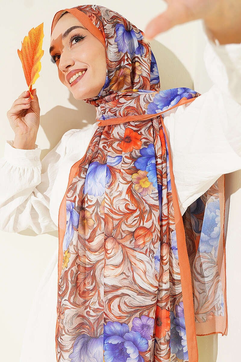 Çiçek Desen Fransız İpeği Şal Oranj
