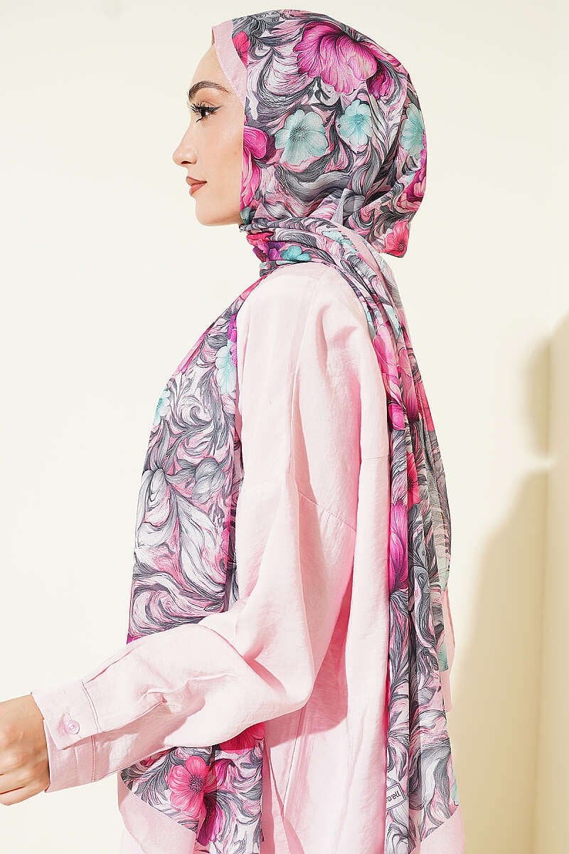 Çiçek Desen Fransız İpeği Şal Pembe
