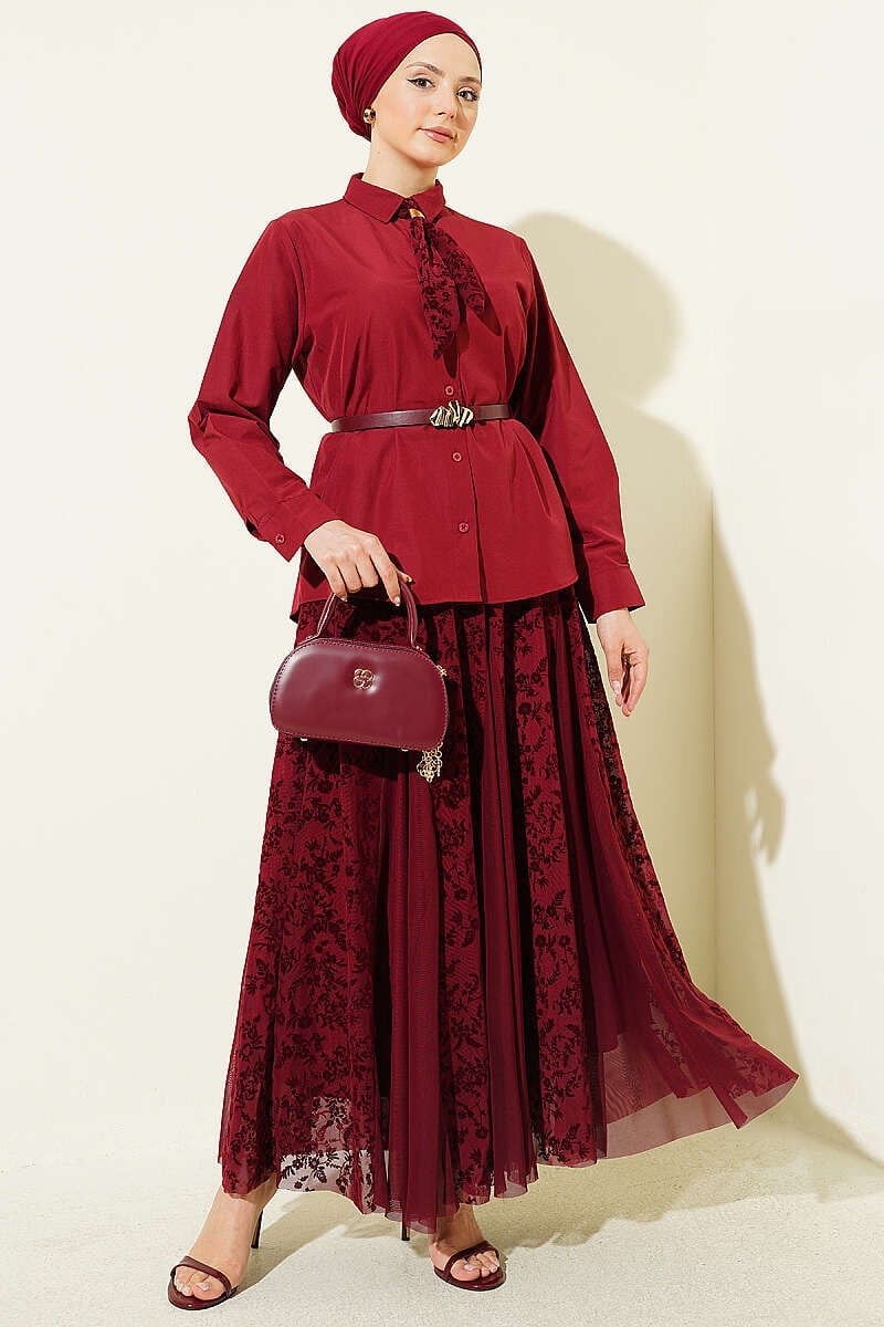 Çiçek Desen Fularlı Tül Etekli Takım Bordo