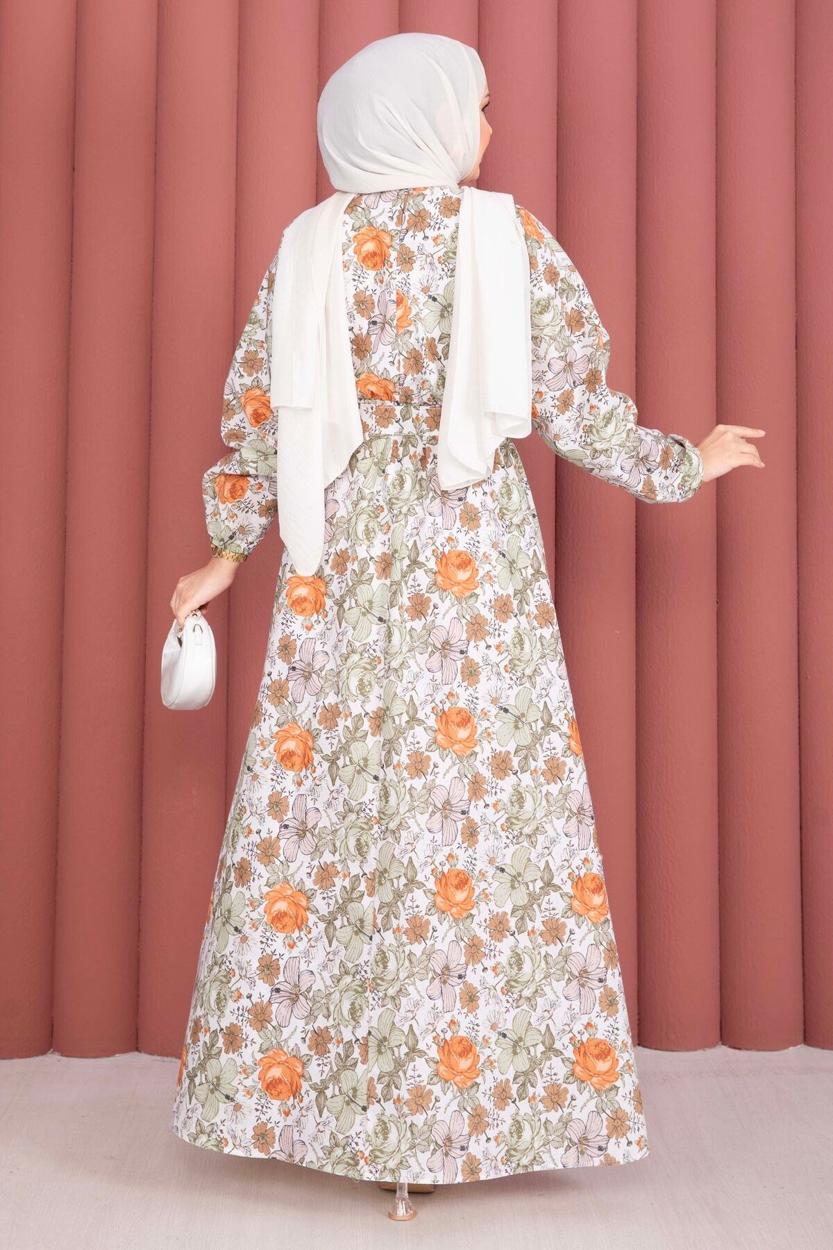 Çiçek Desenli Beli Büzgülü Kuşaklı Elbise Yeşil