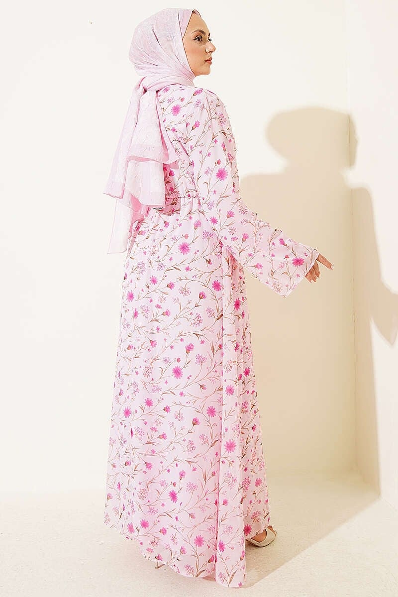 Çiçek Desenli Gold Tokalı Elbise Pembe