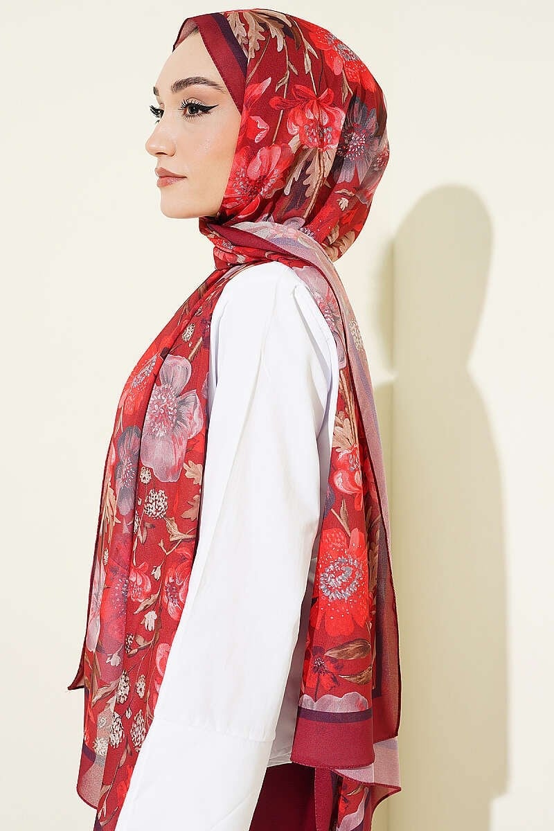 Çiçek Desenli İtalyan Şifon Şal Bordo