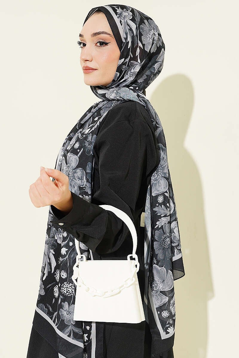 Çiçek Desenli İtalyan Şifon Şal Siyah